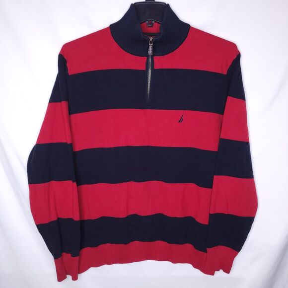Nautica Sweater Mens XXL Striped Red, Navy Rugby 1/4 Zip - Picture 1 of 10